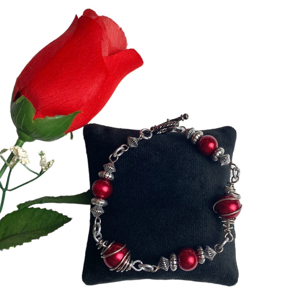 Bohemian Red Glass Beaded Silver Wire Wrap Toggle Bracelet